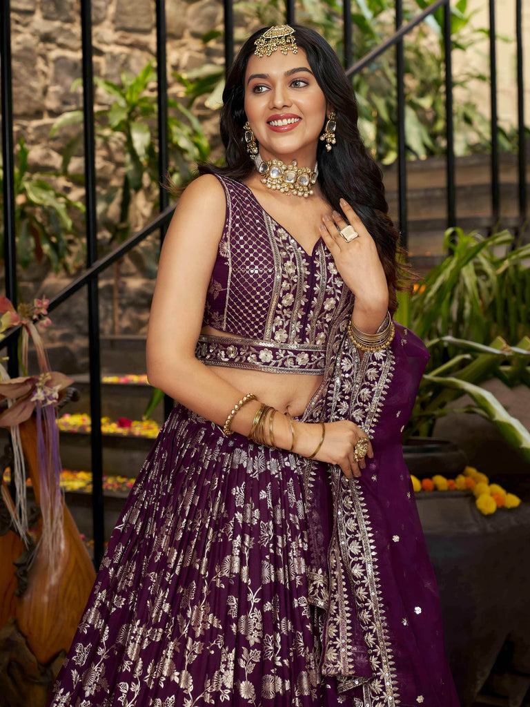 Attractive Wine Silk Embroidered Bridesmaids Lehenga Choli