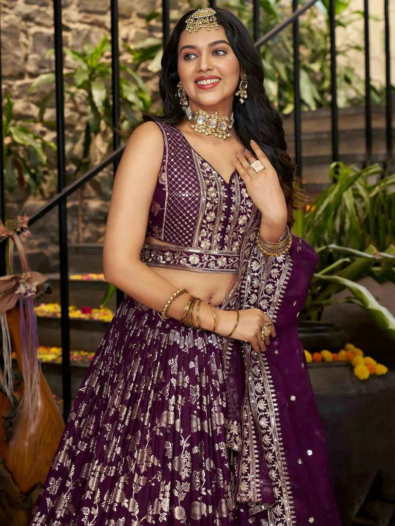 Attractive Wine Silk Embroidered Bridesmaids Lehenga Choli