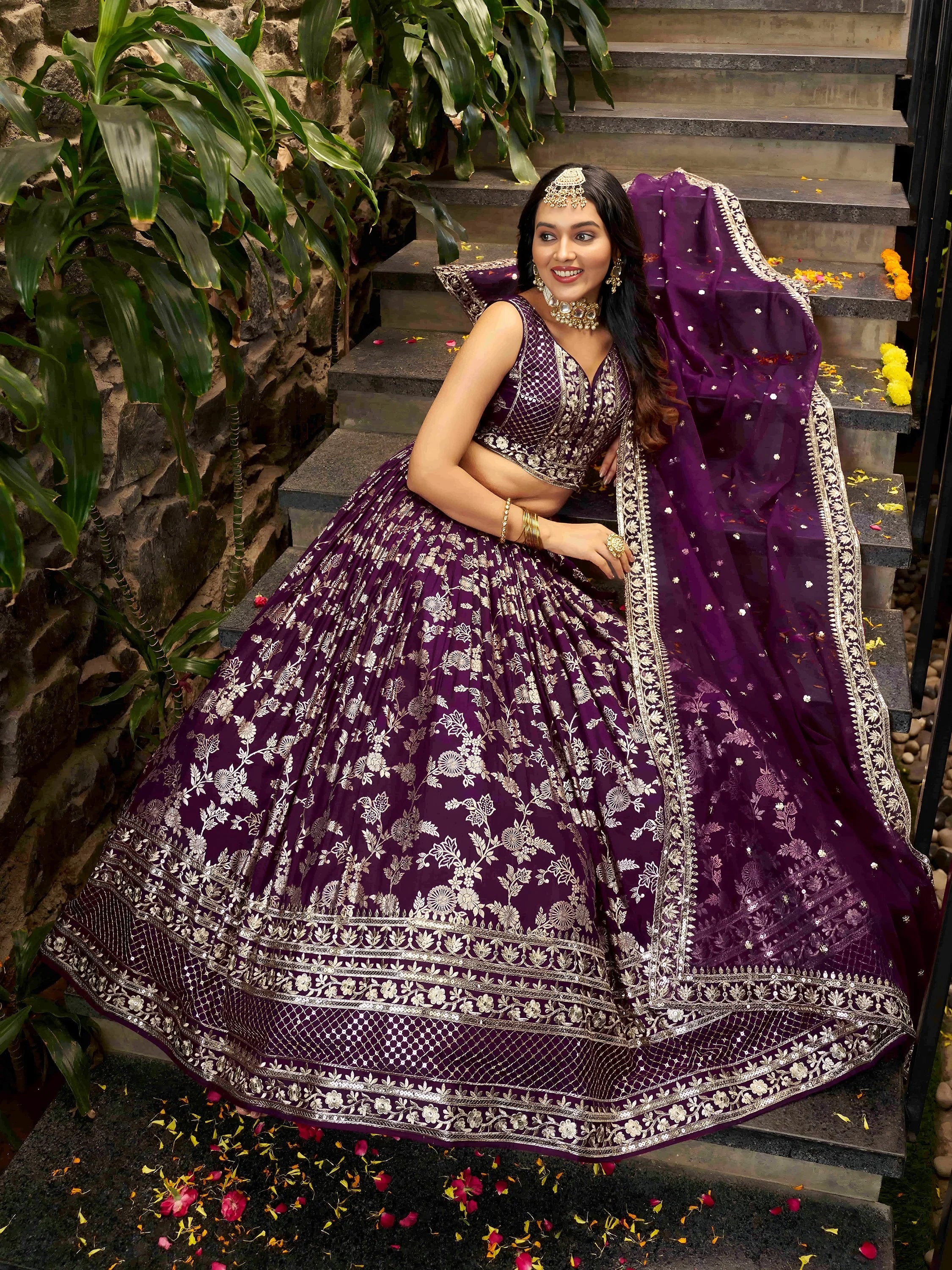 Attractive Wine Silk Embroidered Bridesmaids Lehenga Choli
