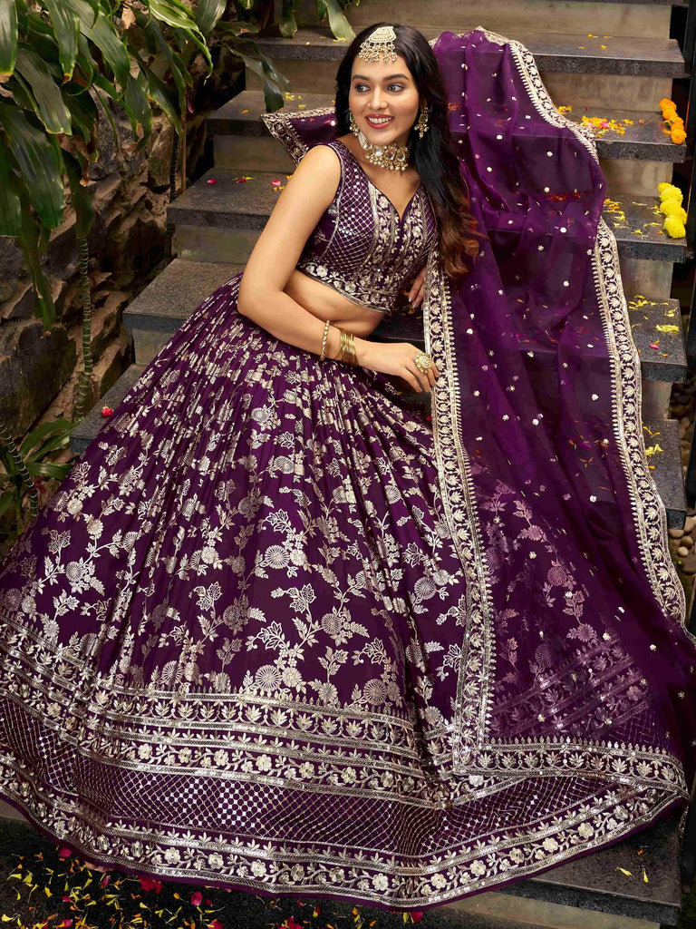 Attractive Wine Silk Embroidered Bridesmaids Lehenga Choli