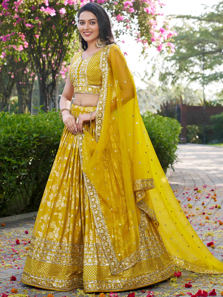 Alluring Yellow Silk Embroidered Haldi Wear Lehenga Choli