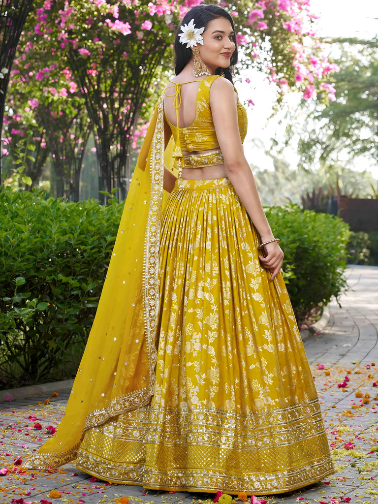 Alluring Yellow Silk Embroidered Haldi Wear Lehenga Choli