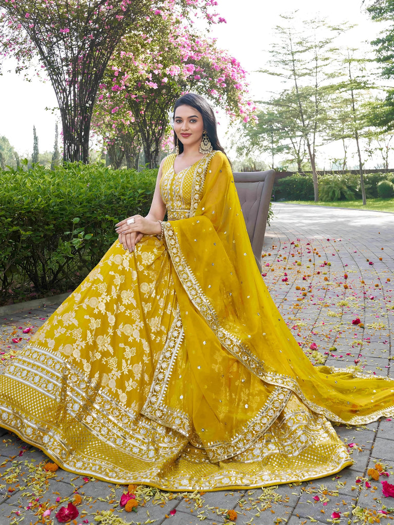 Alluring Yellow Silk Embroidered Haldi Wear Lehenga Choli