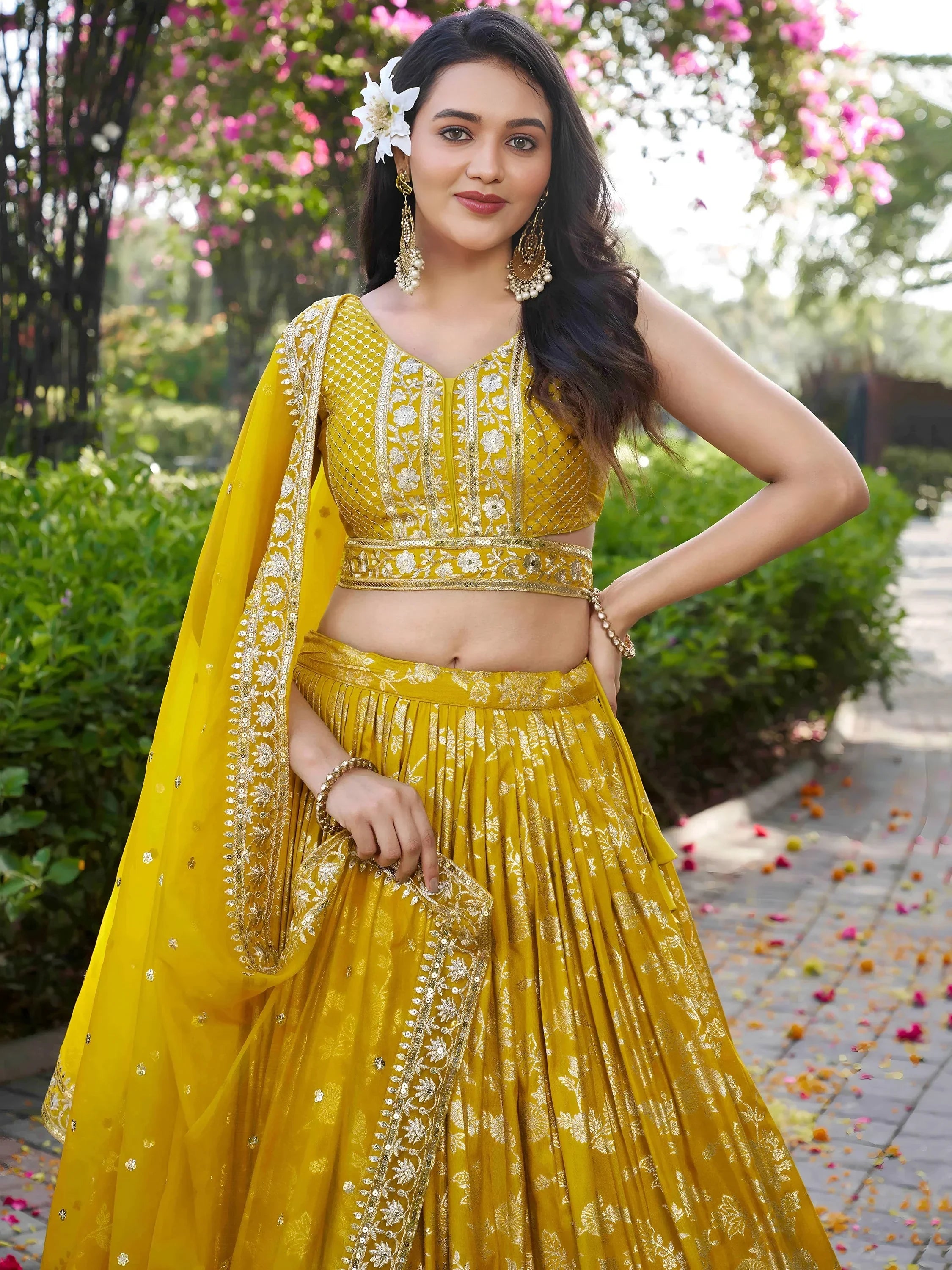 Alluring Yellow Silk Embroidered Haldi Wear Lehenga Choli