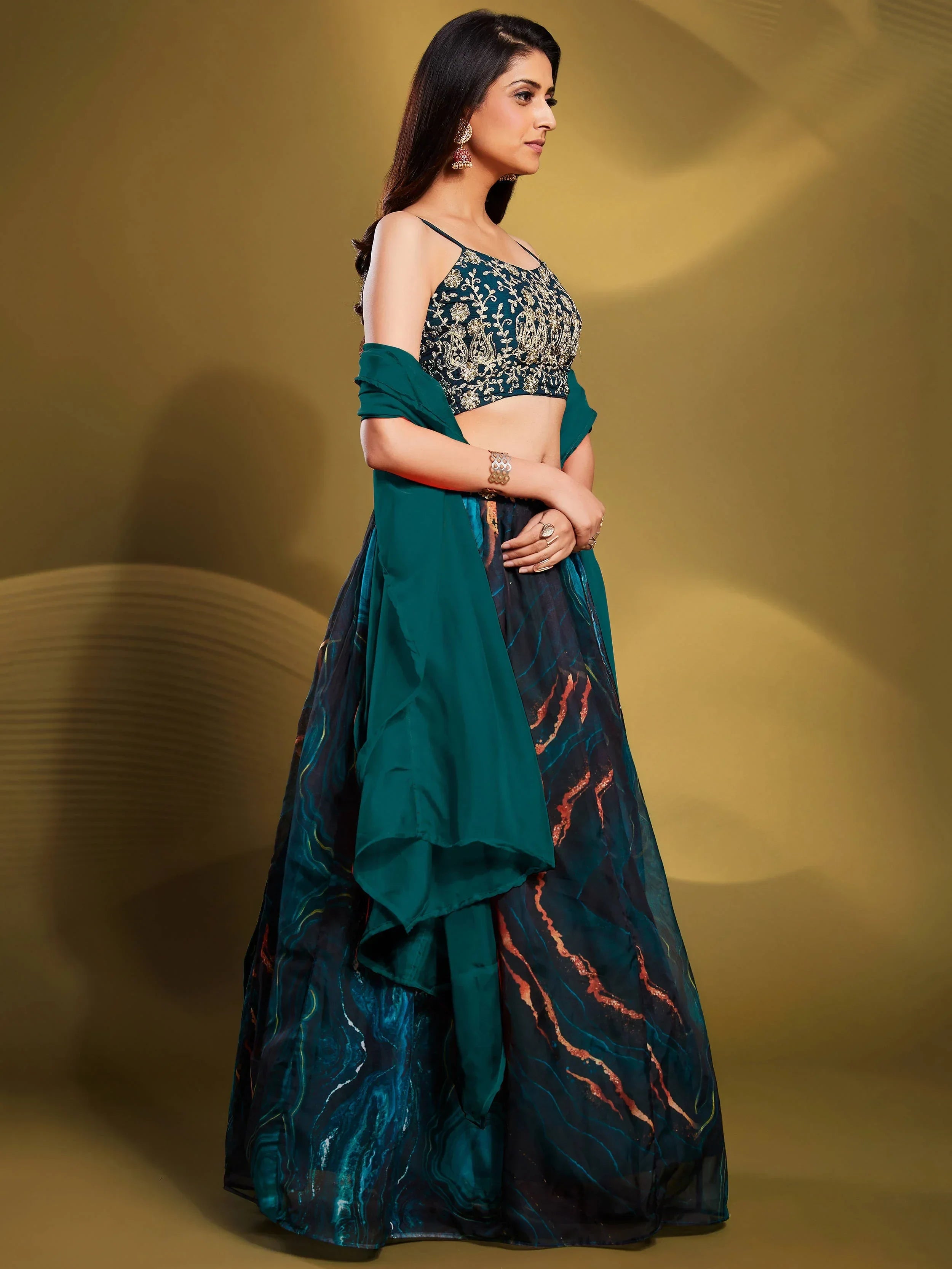 Elegance Teal-Colour Sequins Work Organza Reception Wear Lehenga Choli