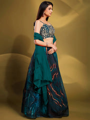 Elegance Teal-Colour Sequins Work Organza Reception Wear Lehenga Choli
