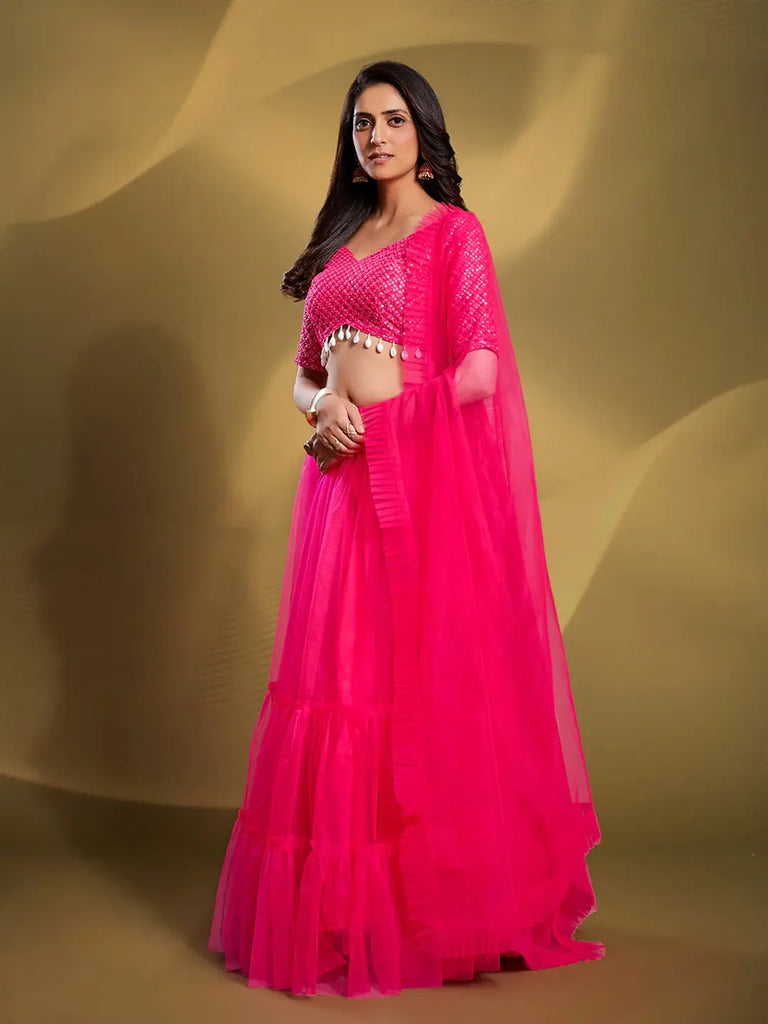 Sparkle Pink Sequins Work Soft Net Reception Wear Lehenga Choli