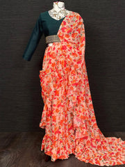 Beautiful Peach Georgette Floral Printed Saree With Blouse