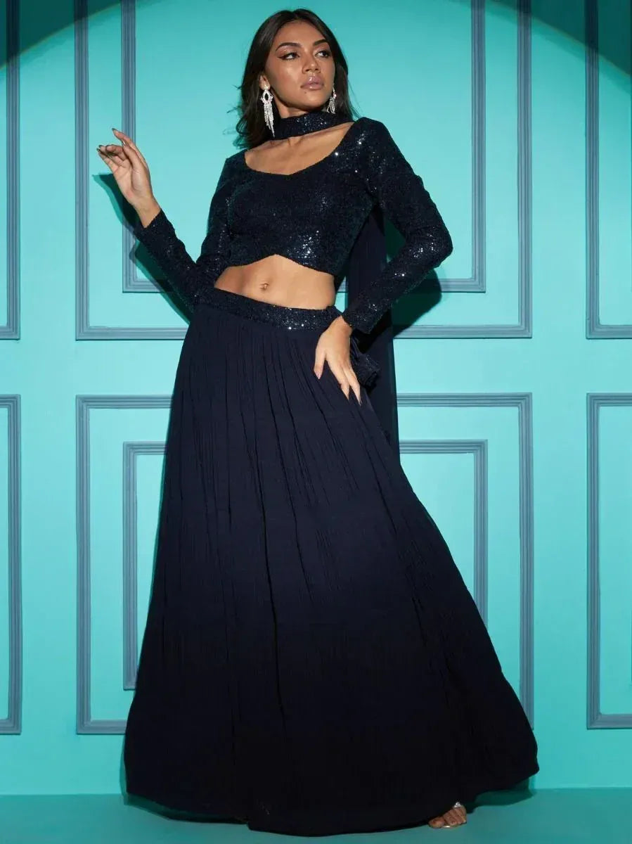 Navy blue sequin crop top with pleated skirt, Indian ethnic wear for women