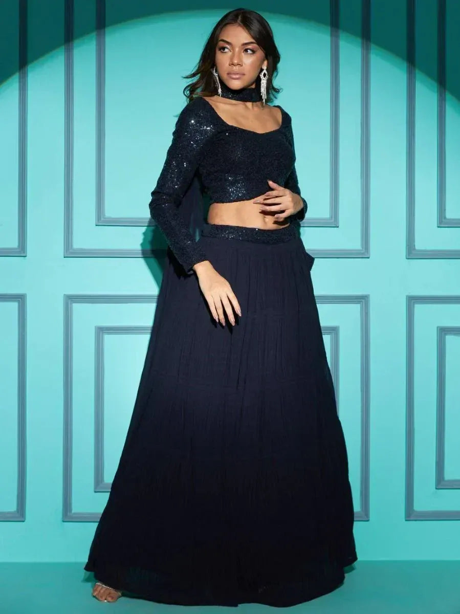 Black sequin crop top with pleated skirt, ethnic wear for women
