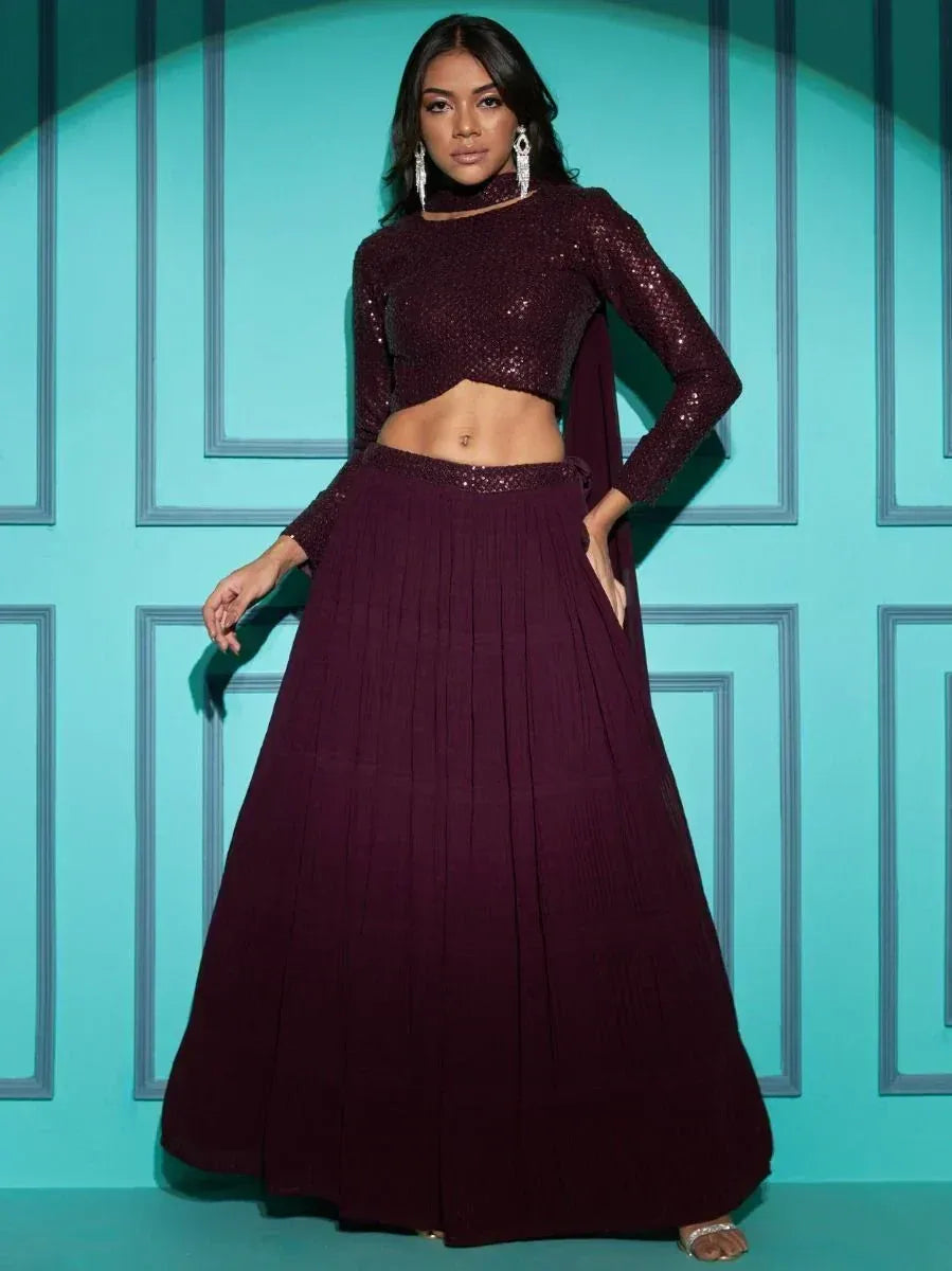 Burgundy sequin crop top with pleated lehenga, Indian ethnic wear for women