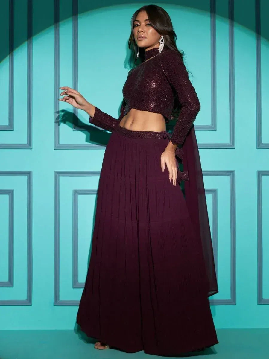 Burgundy sequin crop top with pleated lehenga skirt, Indian ethnic wear for women