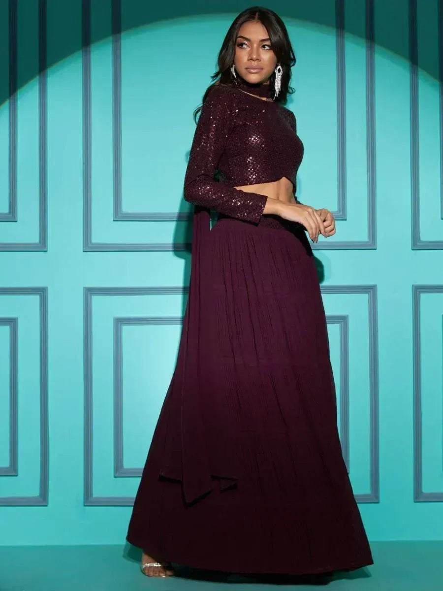 Burgundy sequin crop top with pleated skirt, ethnic wear for women