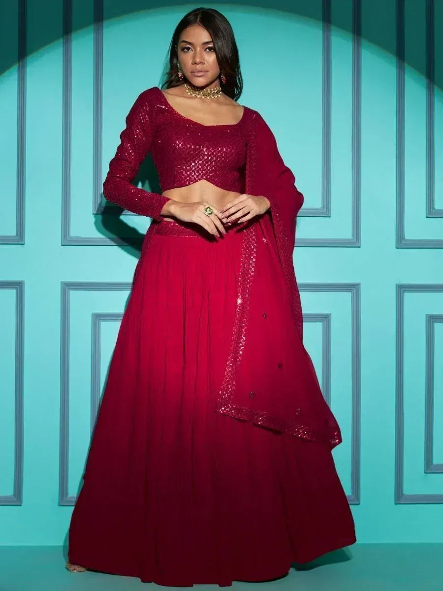 Red sequined lehenga choli with long sleeves and dupatta, Indian ethnic wear for women