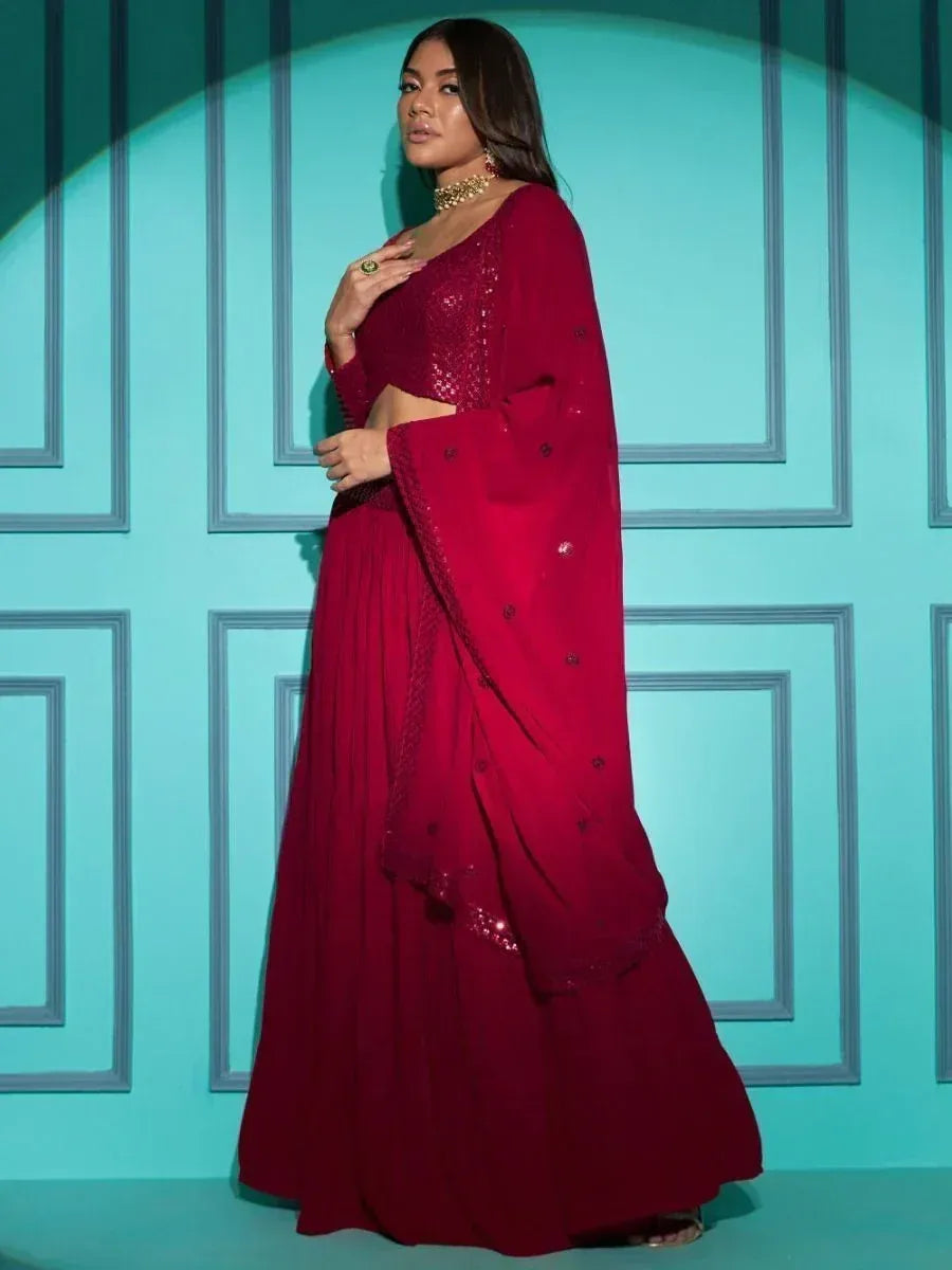 Burgundy sequin lehenga choli with sheer dupatta, ethnic Indian wear for weddings and parties