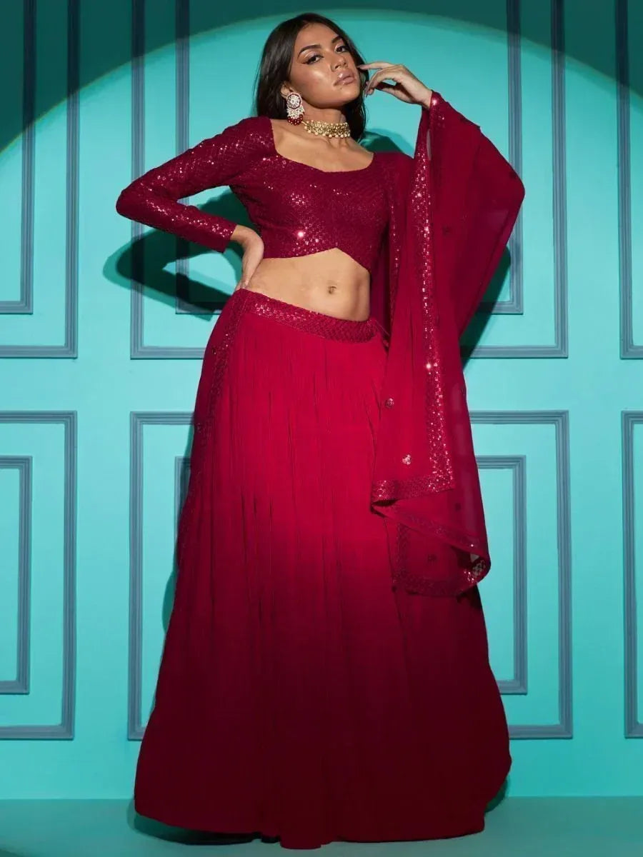 Red sequin lehenga choli with pleated skirt and sheer dupatta, Indian ethnic wear for women
