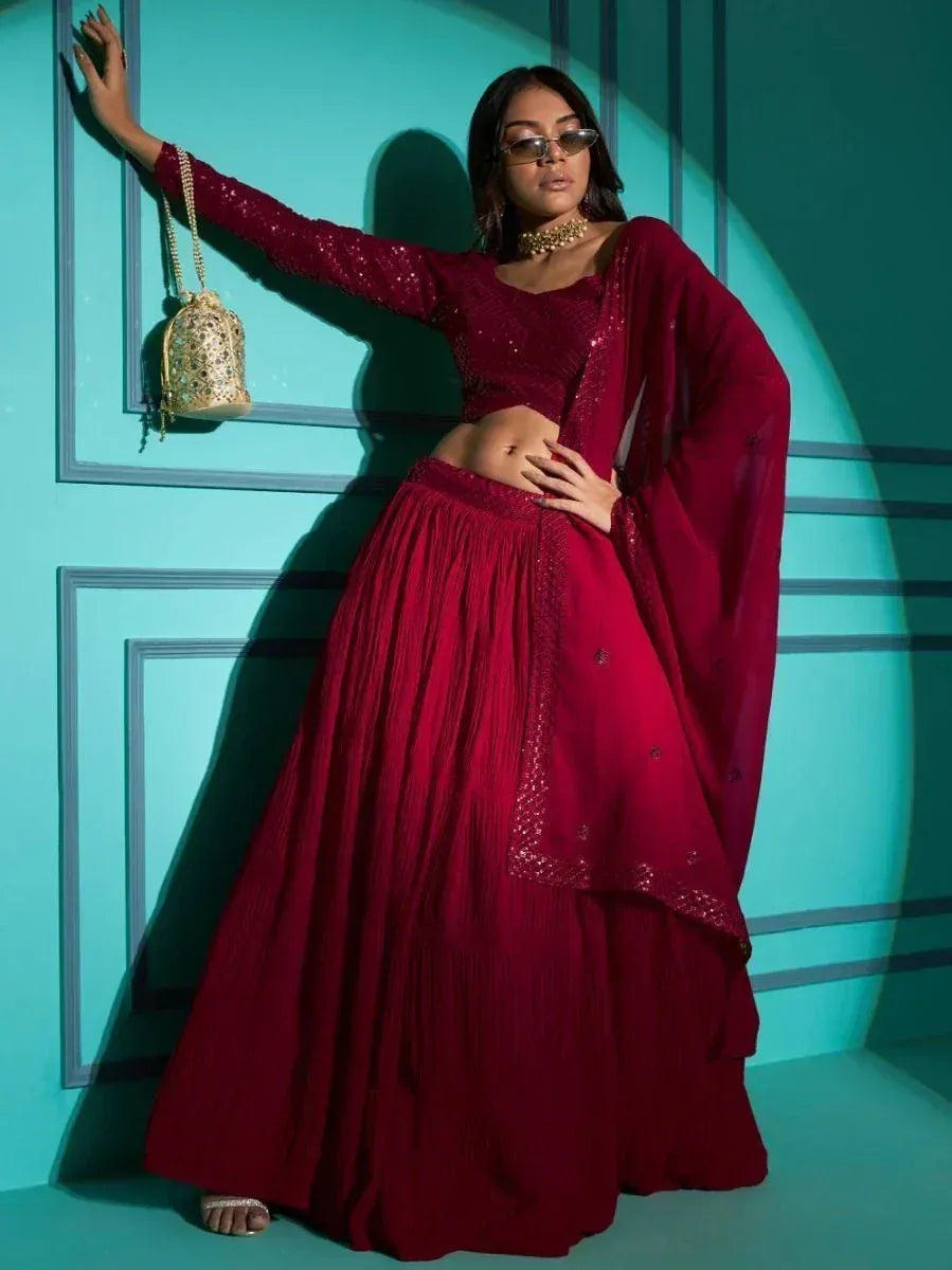 Maroon sequin lehenga choli with sheer dupatta, ethnic Indian wear for women