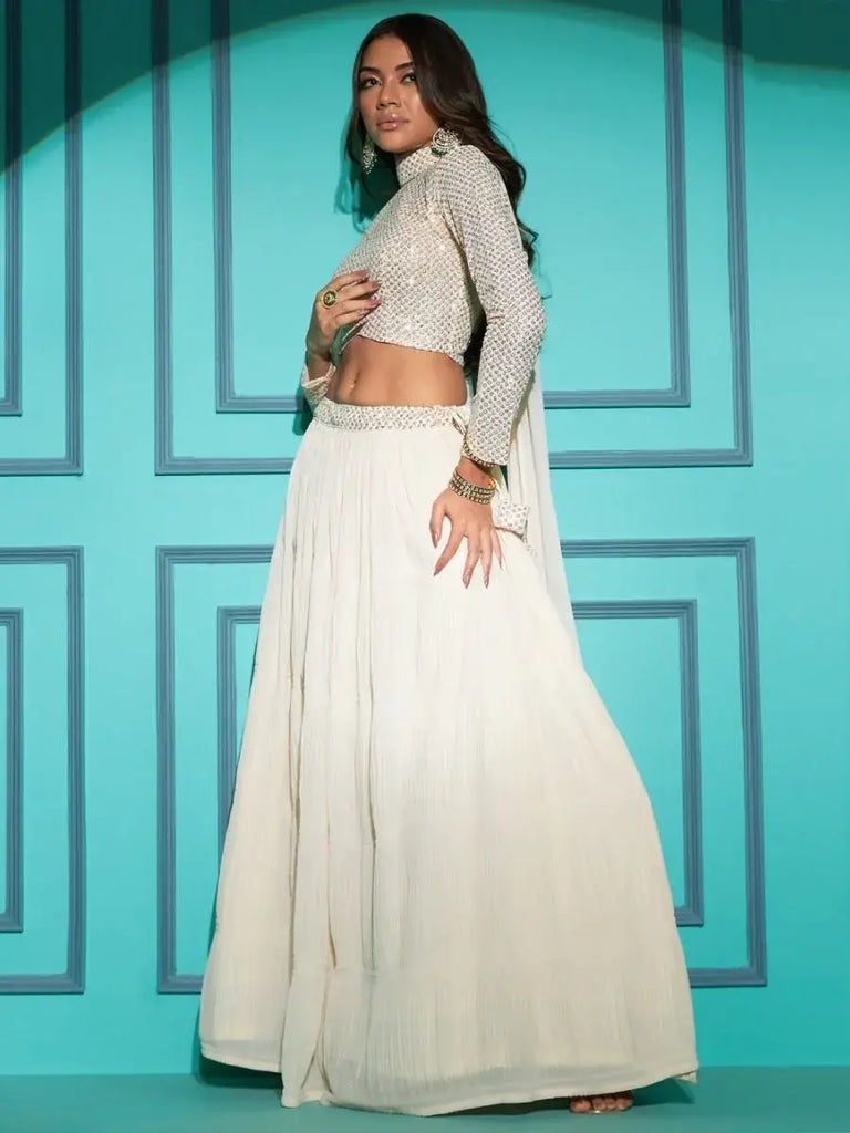Enthralling Pearl White Sequins Work Georgette Lehenga Choli