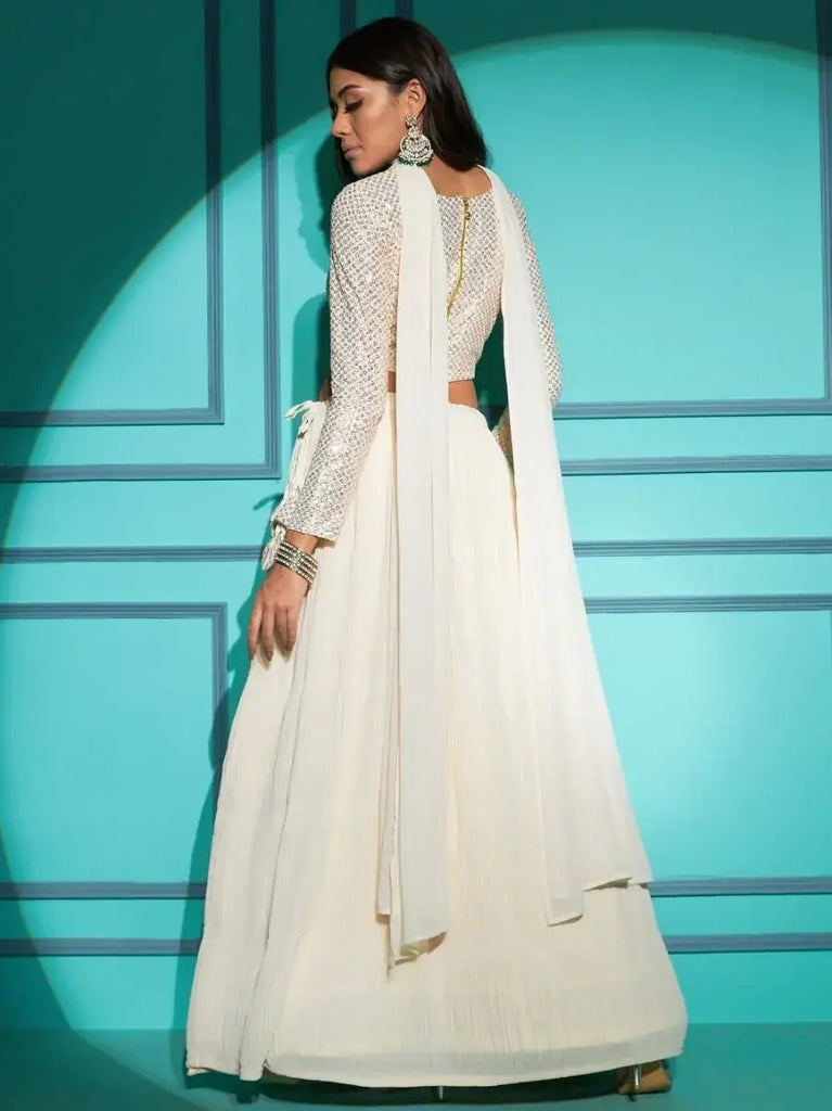Enthralling Pearl White Sequins Work Georgette Lehenga Choli