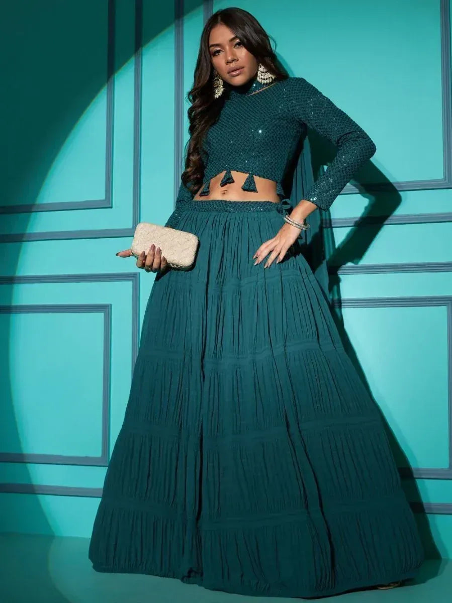 Teal sequin crop top with pleated lehenga skirt, ethnic Indian wear for women