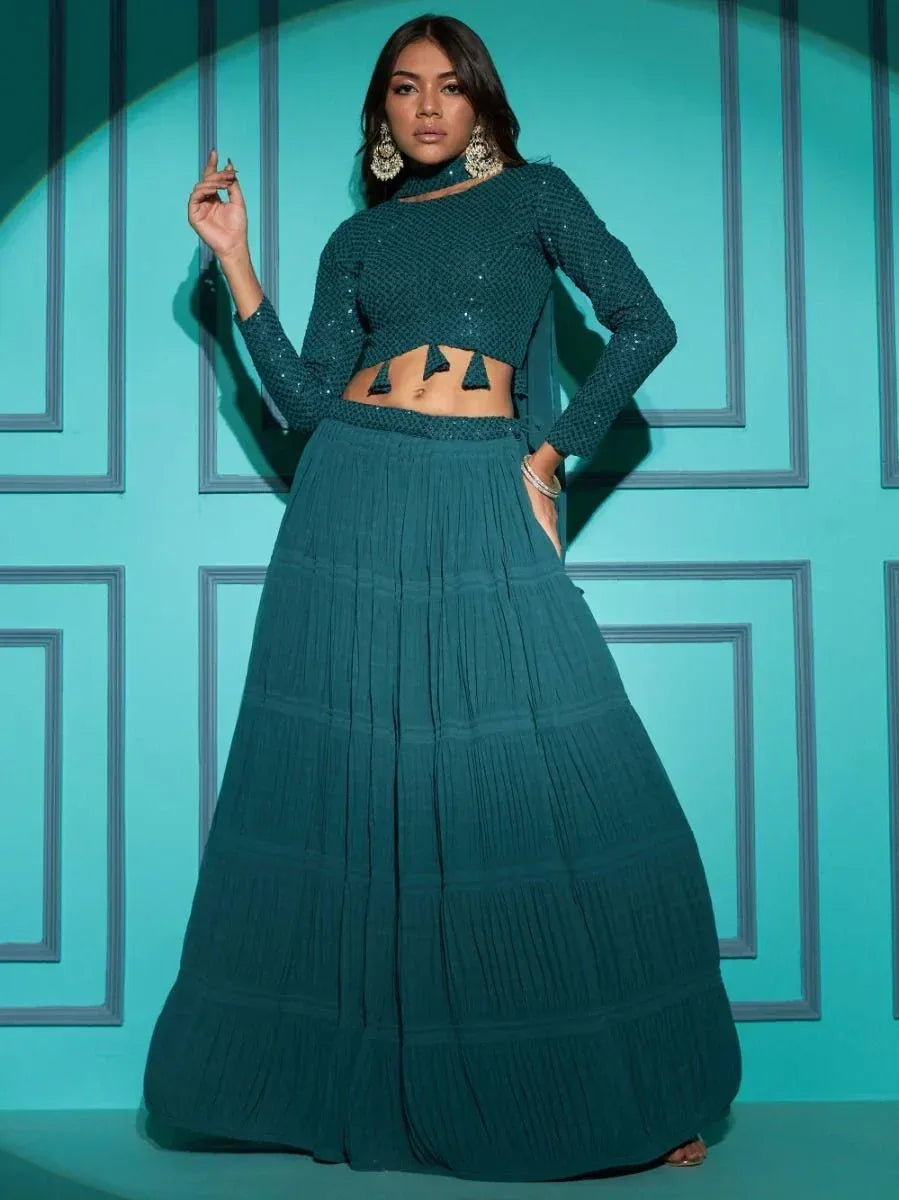 Teal sequin crop top with pleated skirt, Indian ethnic wear for women