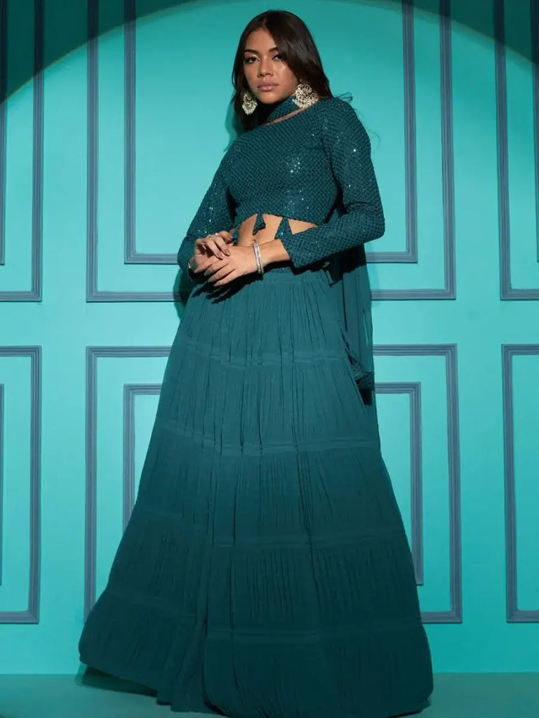 Fascinating Teal Blue Georgette Lehenga With Sequins Choli