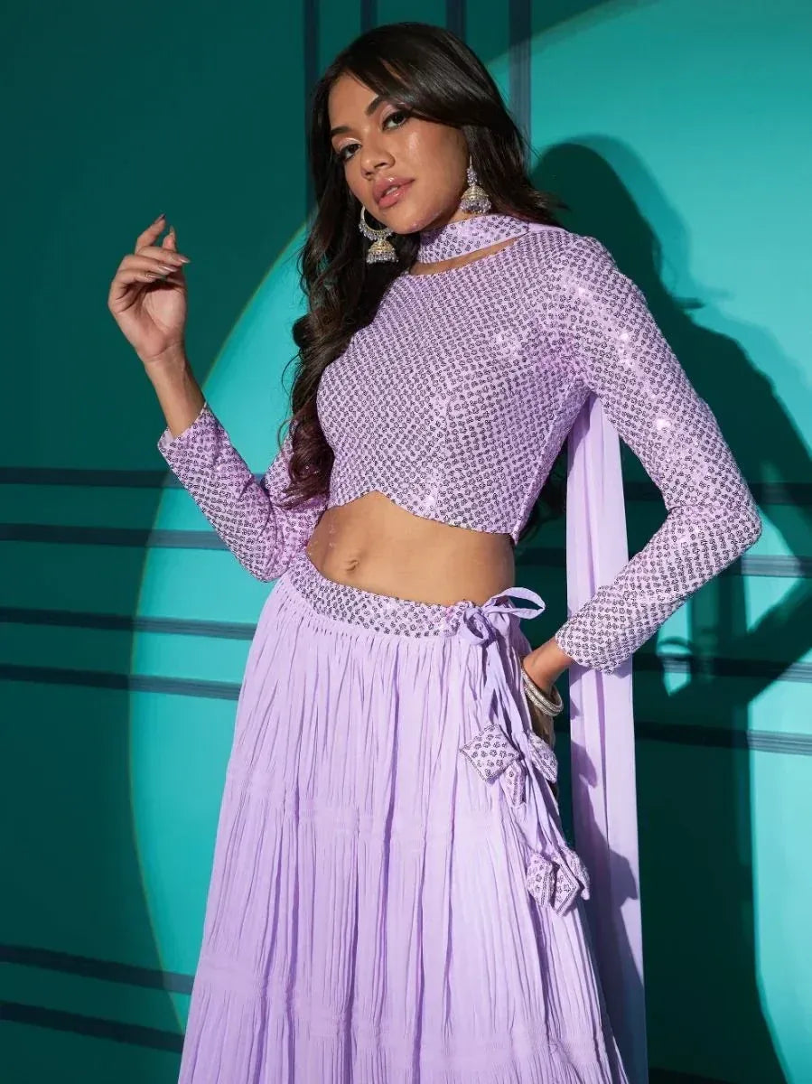 Lavender sequin lehenga choli with crop top and pleated skirt, perfect for Indian ethnic wear events