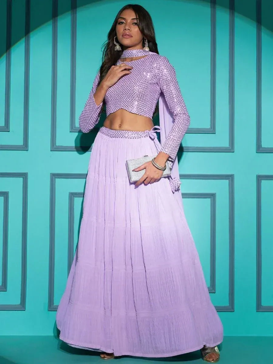 Lavender sequin crop top with pleated lehenga skirt, ethnic Indian wear for women