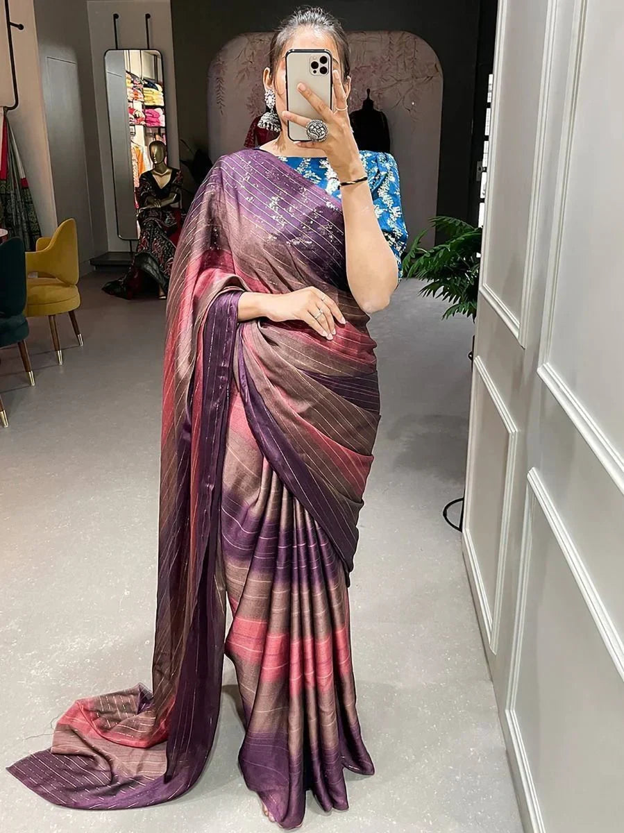 Alluring Brown Zari Striped Rangoli Silk Party Wear Saree With Blouse