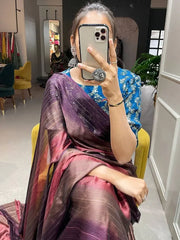 Alluring Brown Zari Striped Rangoli Silk Party Wear Saree With Blouse