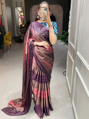 Alluring Brown Zari Striped Rangoli Silk Party Wear Saree With Blouse
