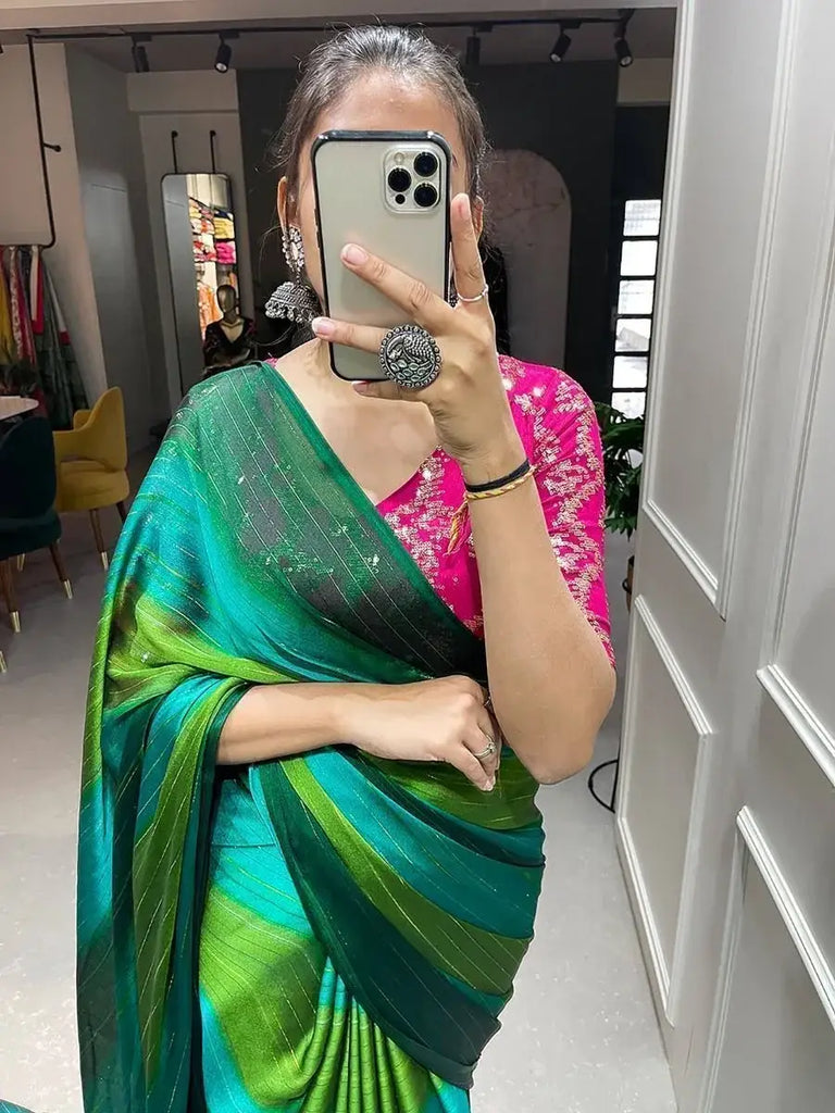 Pretty Green Shaded Zari Rangoli Silk Party Wear Saree With Blouse