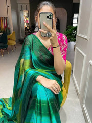 Pretty Green Shaded Zari Rangoli Silk Party Wear Saree With Blouse