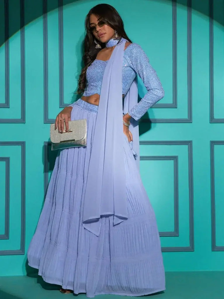 Prodigious Sky Blue Sequins Georgette Reception Wear Lehenga Choli