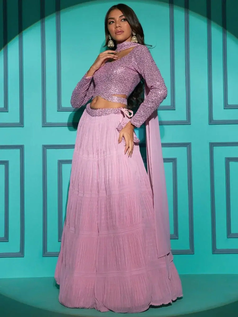 Sumptuous Pink Sequins Georgette Wedding Wear Lehenga Choli