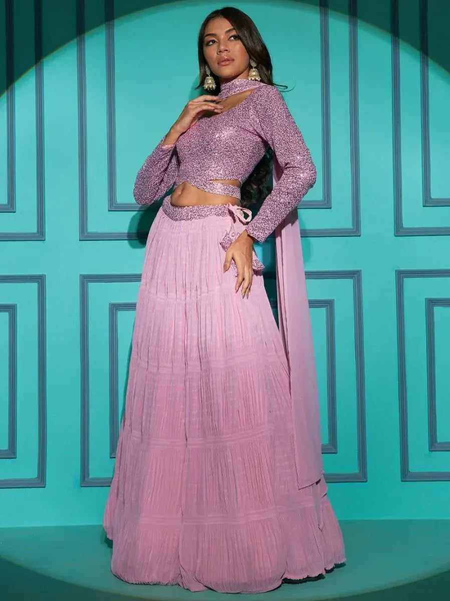 Pink sequin lehenga choli with pleated skirt, ethnic Indian wear for women