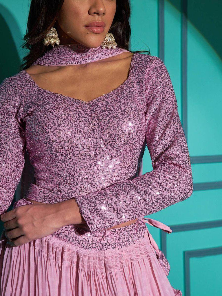 Sumptuous Pink Sequins Georgette Wedding Wear Lehenga Choli
