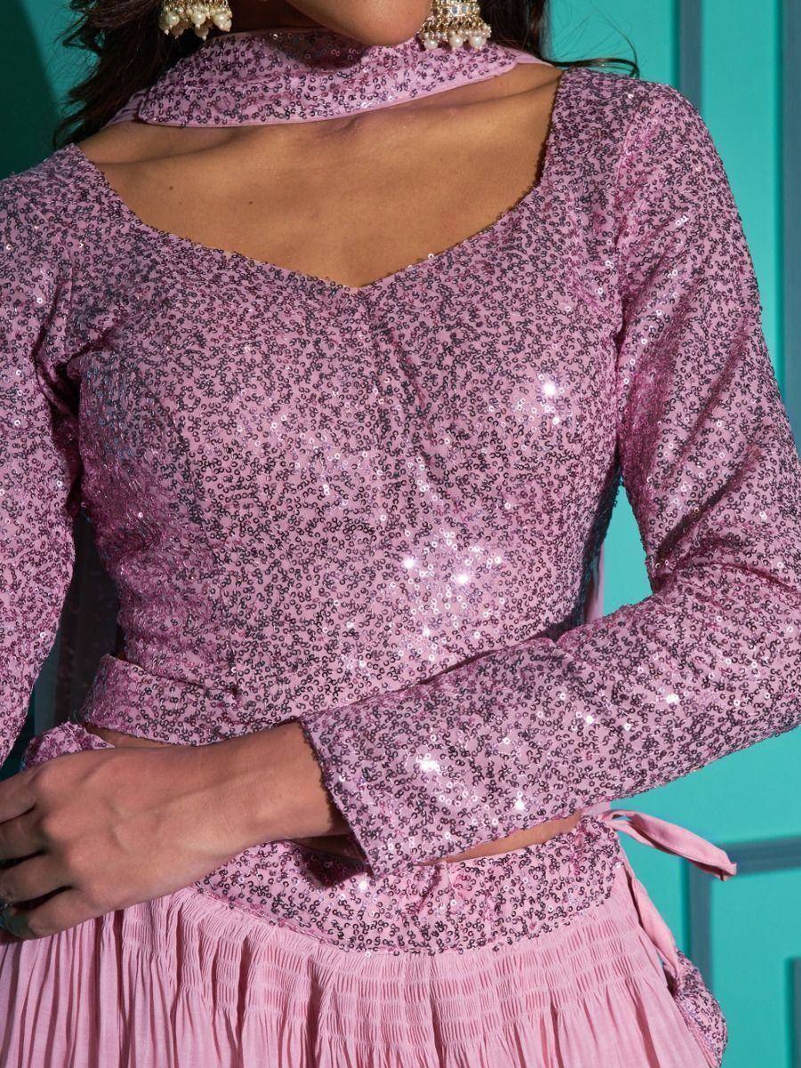 Pink sequin lehenga choli with V-neck and long sleeves, ethnic Indian wear
