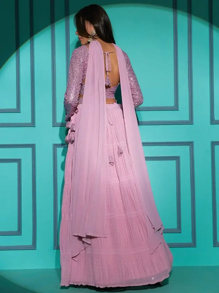 Sumptuous Pink Sequins Georgette Wedding Wear Lehenga Choli