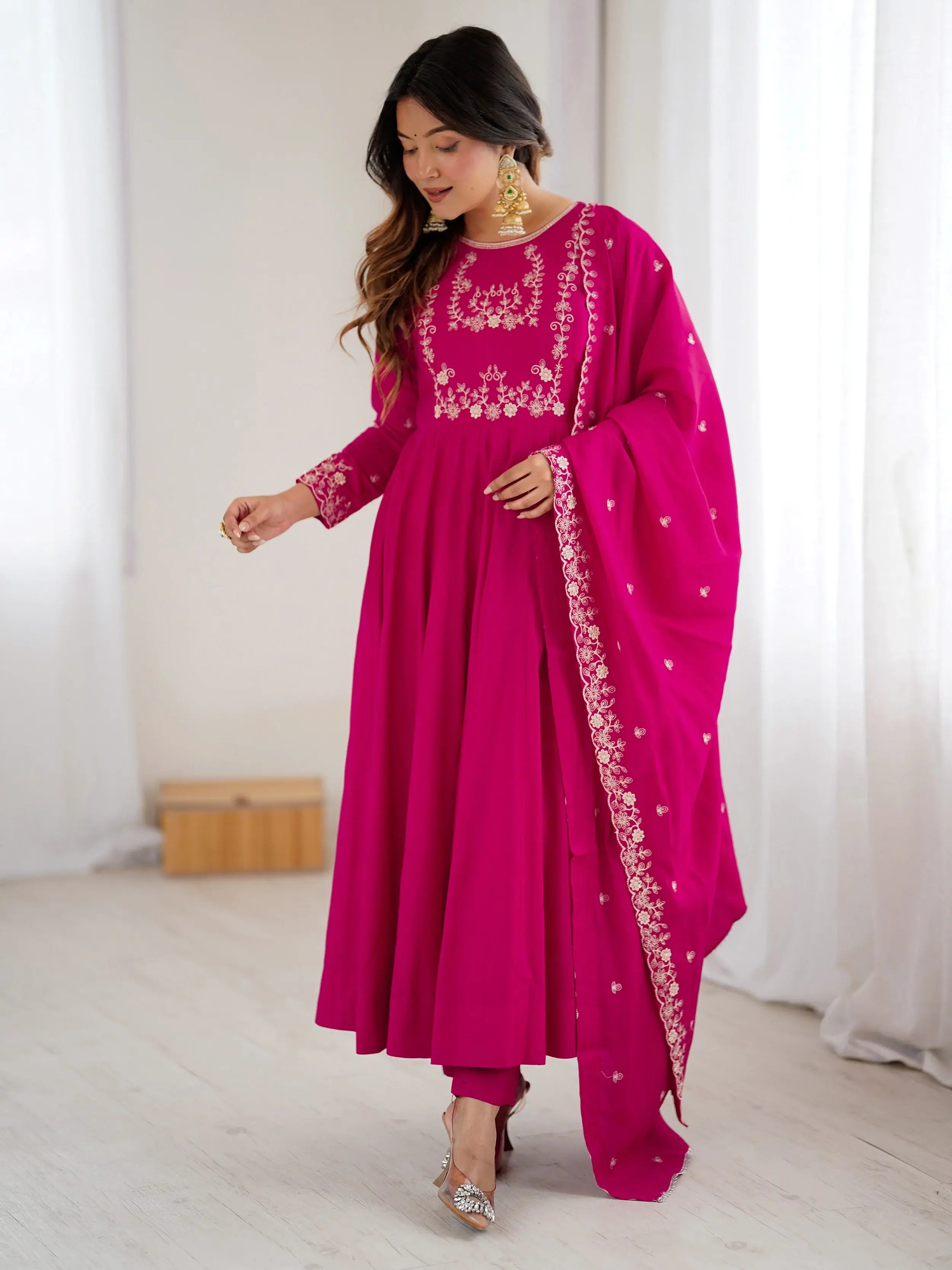 Glowing Pink Beads Work Chanderi Silk Festival Wear Anarkali Suit