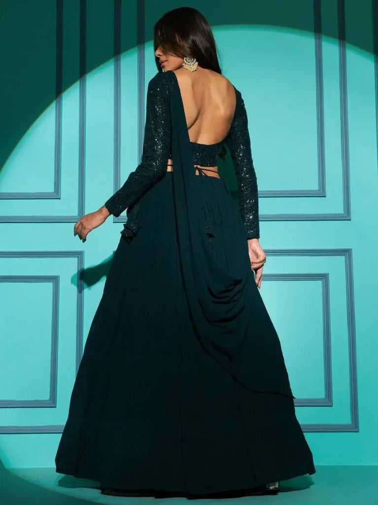 Wondrous Green Georgette Engagement Wear Lehenga With Sequins Choli