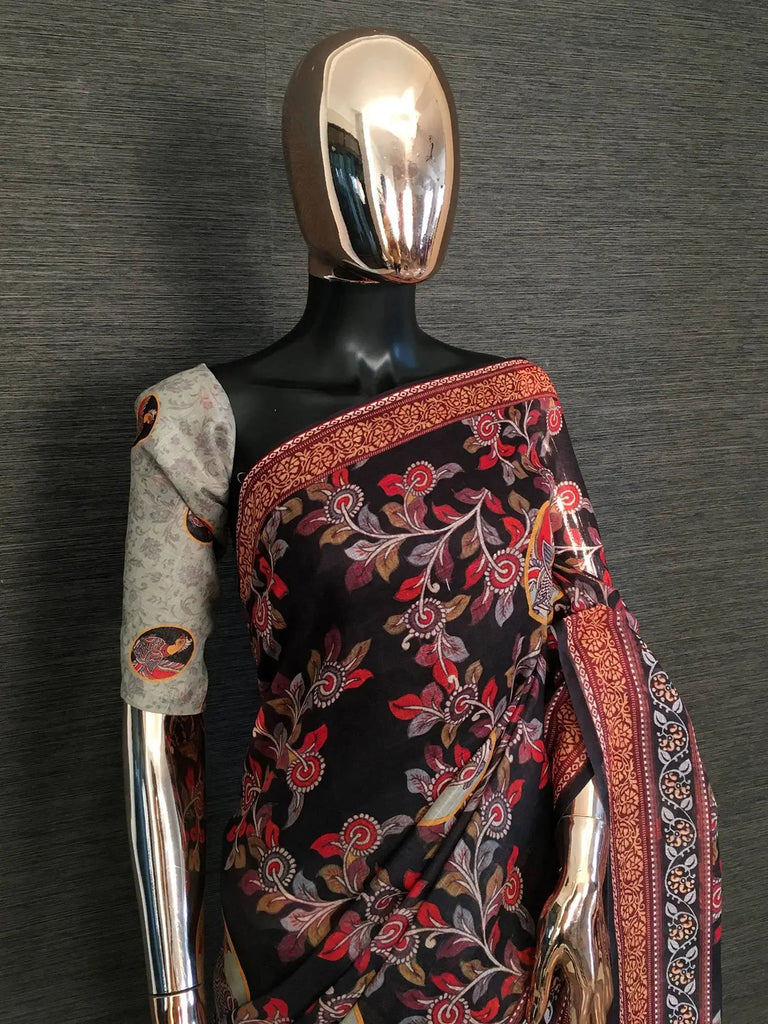 Classy Black Linen Floral Printed Casual Wear Saree With Blouse