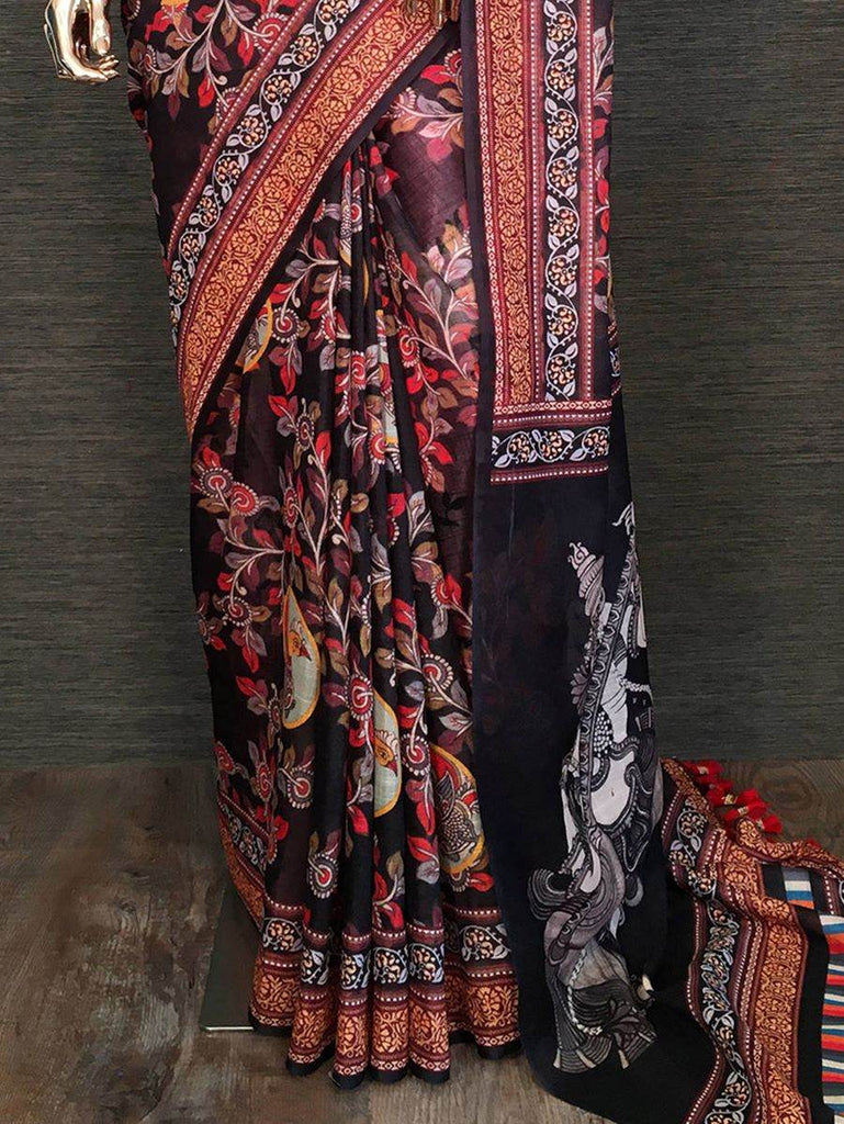 Classy Black Linen Floral Printed Casual Wear Saree With Blouse