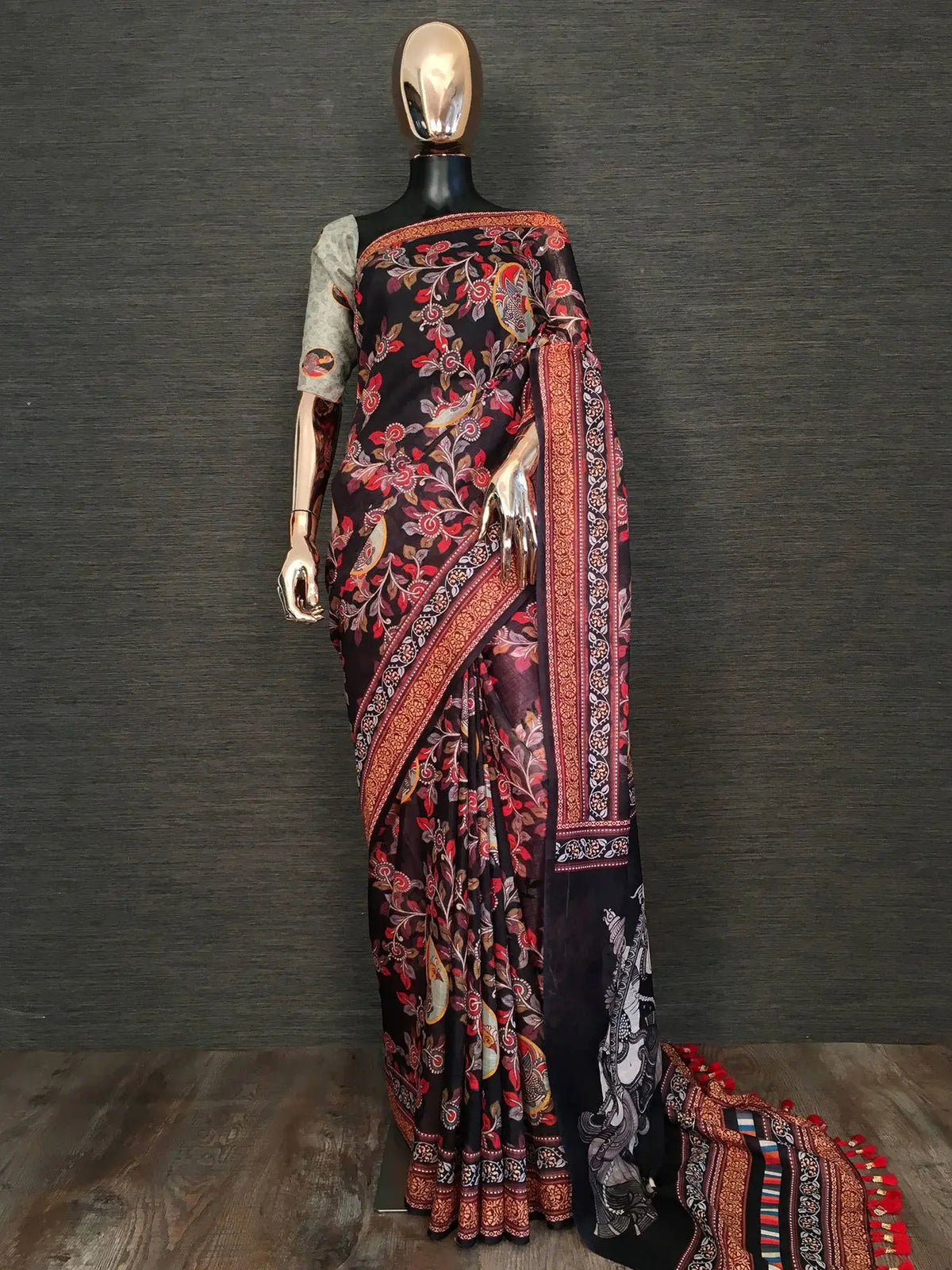 Classy Black Linen Floral Printed Casual Wear Saree With Blouse