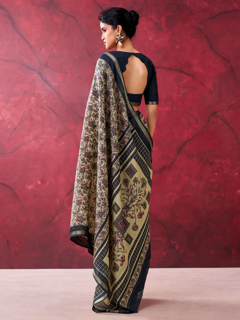 Enchanting Black Printed Cotton Festival Wear Saree With Blouse