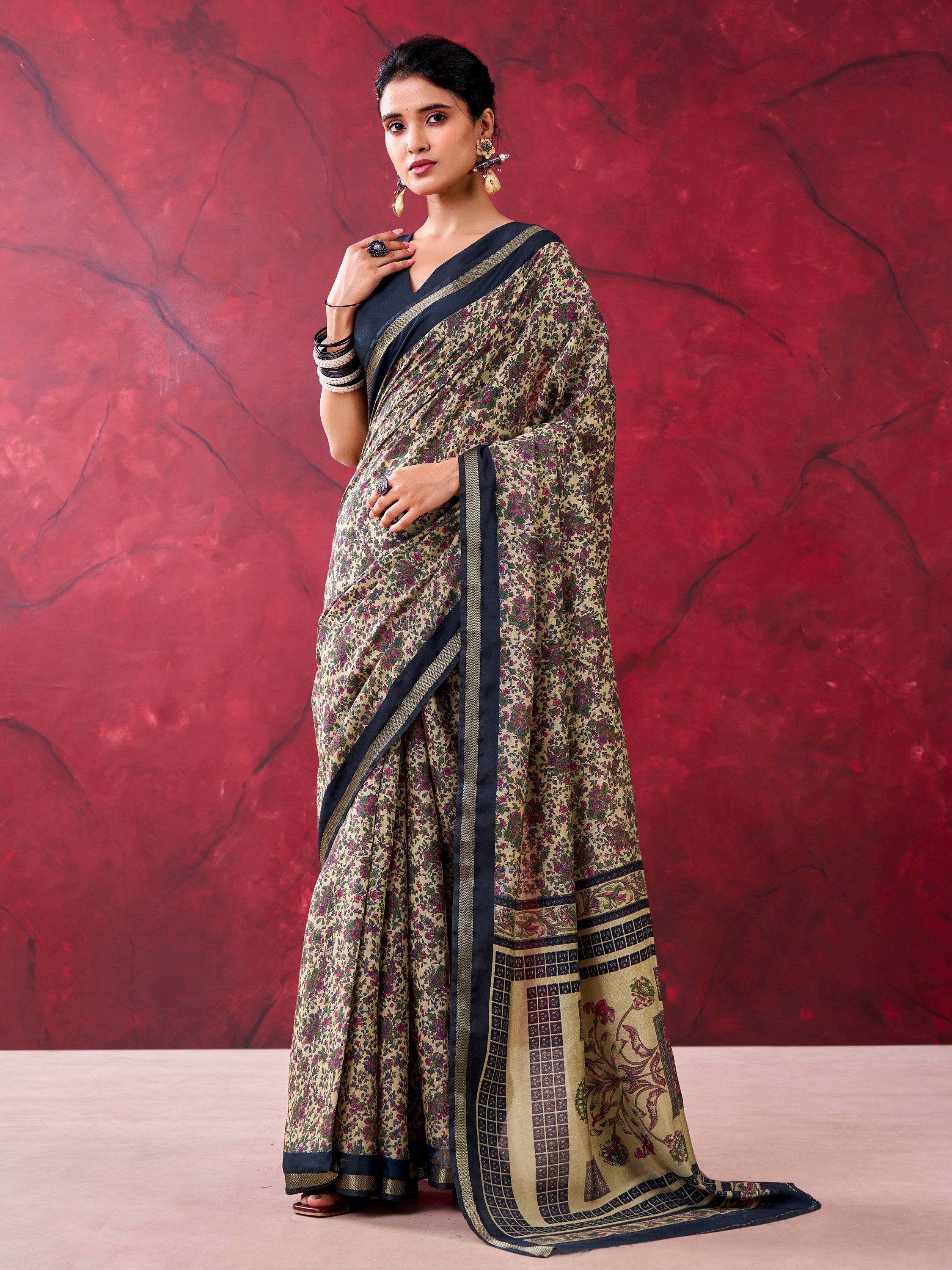 Enchanting Black Printed Cotton Festival Wear Saree With Blouse