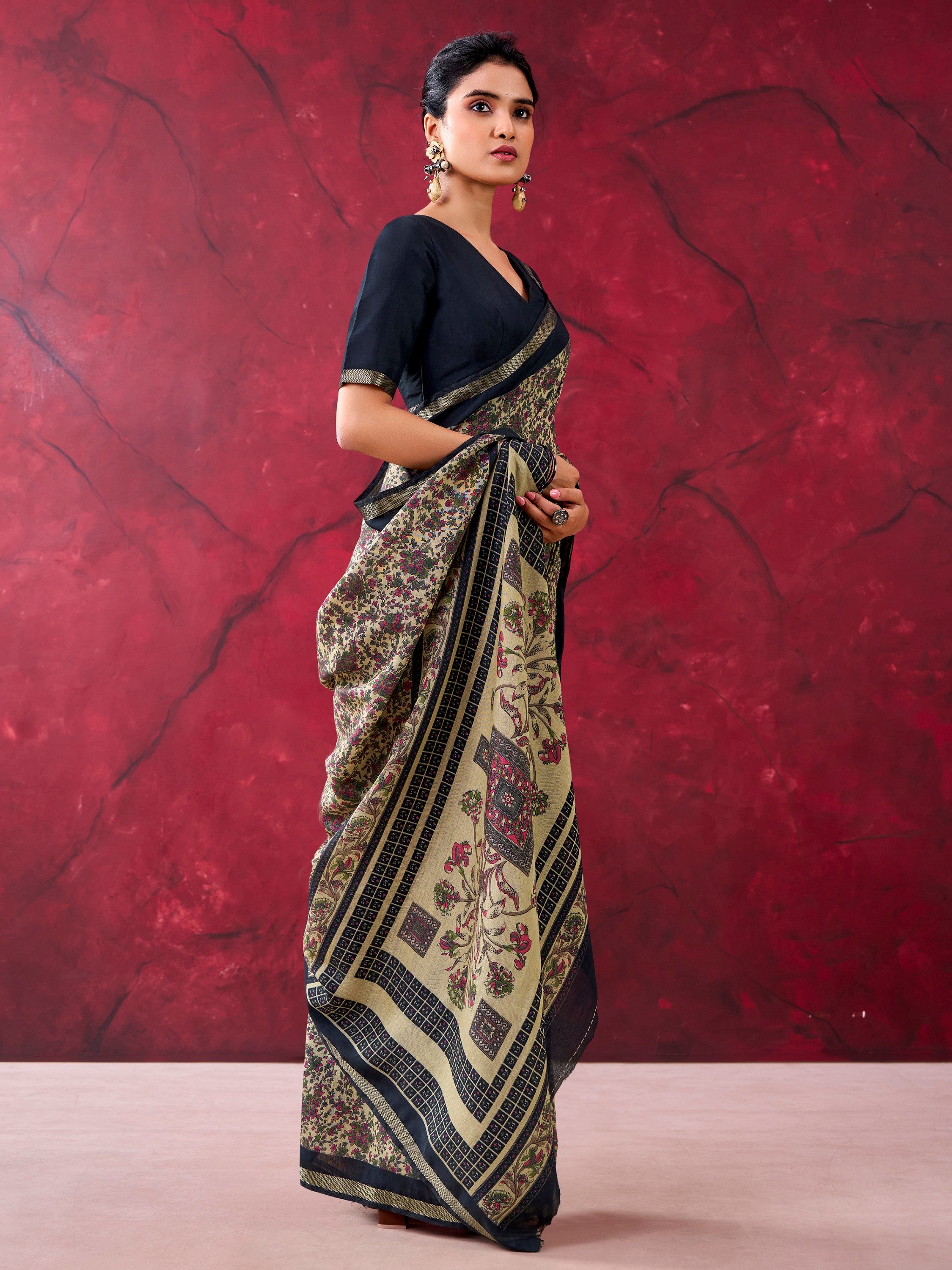Enchanting Black Printed Cotton Festival Wear Saree With Blouse
