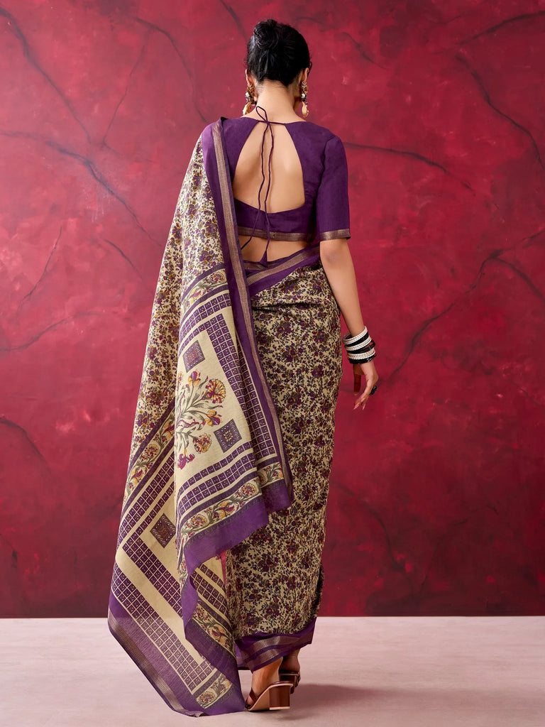 Graceful Purple Floral Printed Cotton Office Wear Saree With Blouse
