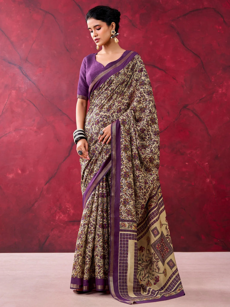 Graceful Purple Floral Printed Cotton Office Wear Saree With Blouse