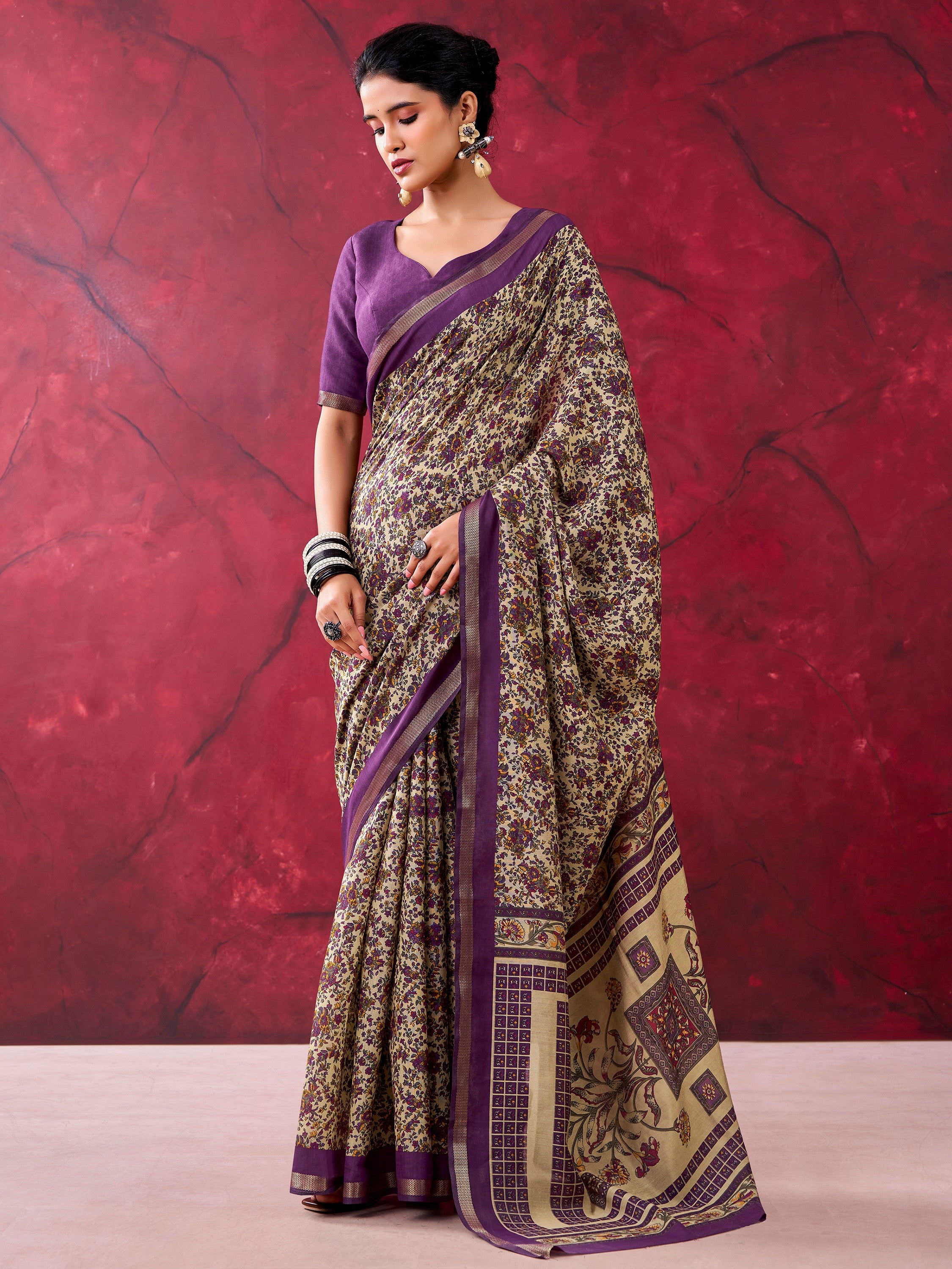 Graceful Purple Floral Printed Cotton Office Wear Saree With Blouse